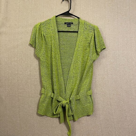 August Silk Cardigan Sweater Women's Medium Green Open Front Short Sleeves - Picture 1 of 12